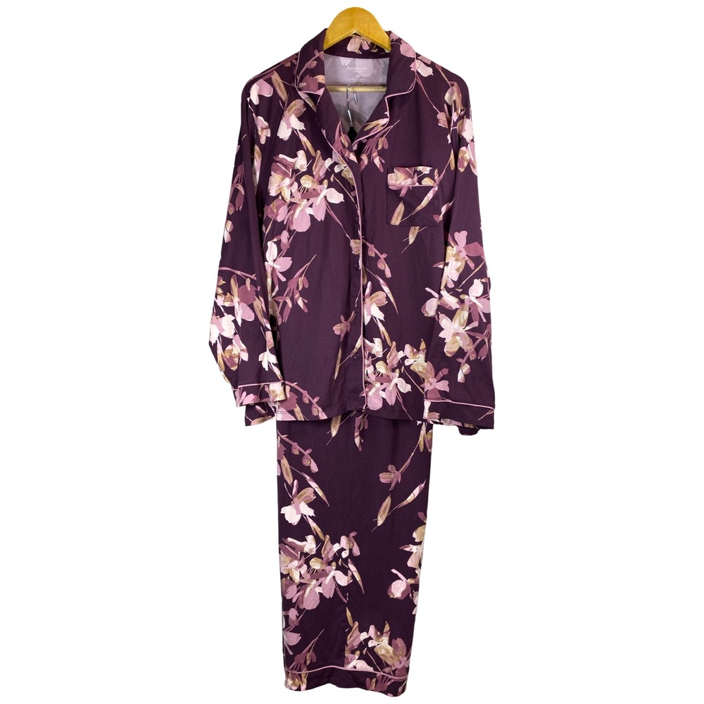 Ambrielle Sleepwear Womens 2X Pajama Set Plum Purple Floral Long Sleeve 2 Piece
